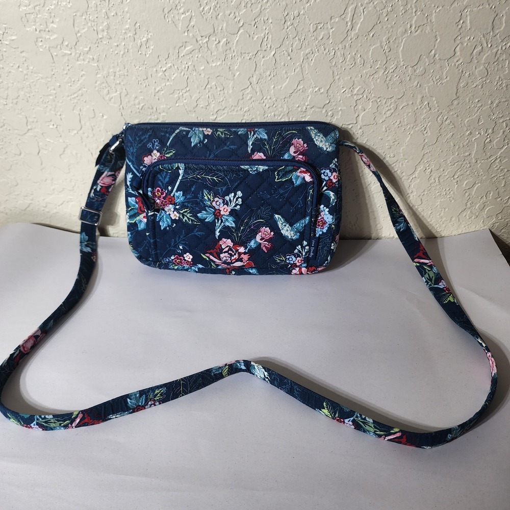 Vera Bradley Navy Blue Floral Butterfly Quilted Cotton Crossbody Bag Small